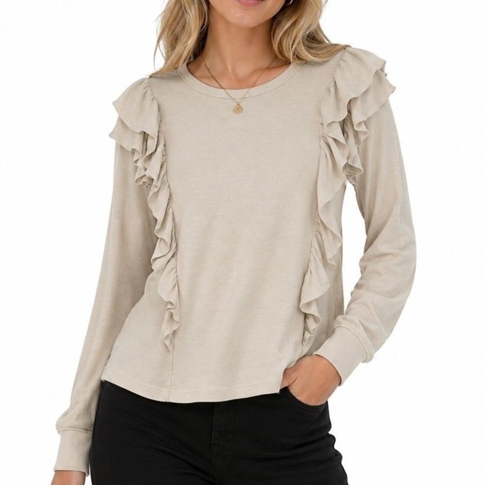 Melrose and Market Ruffle Trim Ribbed Long Sleeve Top Ivory Dove XL NEW